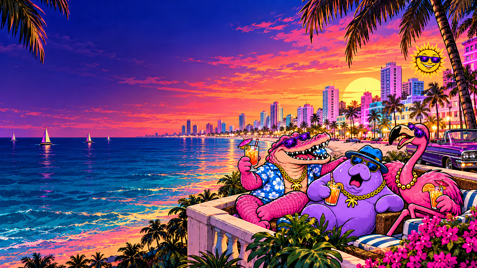 Leonida crew overlooking the Vice City marina at sunset